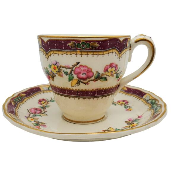 Grindley Demitasse Cup Saucer English China Vintage Floral Pink Red Pattern - Picture 2 of 14